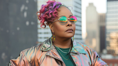 Middle aged black woman dressed in bold hipster clothes, multicolored glasses, standing outdoor on city street and posing front the camera, AI generatedの素材
