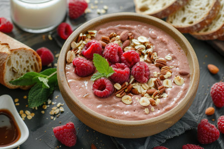 Homemade bread, smoothie bowl with granola and berries for healthy breakfast, flowers, milk glass, elevated luxurious morning routine, closeup photo, top view. AI generatedの素材