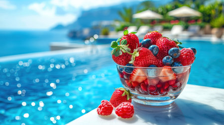 Ice cream dessert with fresh fruit and berries in glass cup, luxury sea resort, ocean landscape and infinity swimming pool in background, summer mood, promo banner design, AI generatedの素材