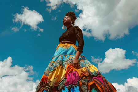 Young black woman wearing multicolored crocheted top and airy skirt, unusual collage photo with clouds, fashion magazine cover style, AI generatedの素材