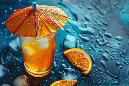 Glass with Tropical fruit cocktail on the sandy beach or sea coast, sunny summer day background, AI generatedの素材