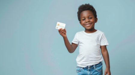 Kids learning finances, safe and invest money, financial education and awareness concept, African-American boy with kids credit card, background with copy space, AI generatedの素材