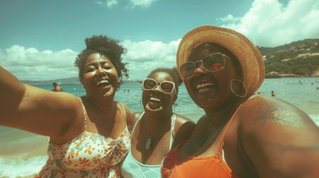authentic portrait of black women resting on beach, facial expression with bold positive emotions, African-American female friends laughs, intense expression, grained photo in 90s style, AI generateの素材