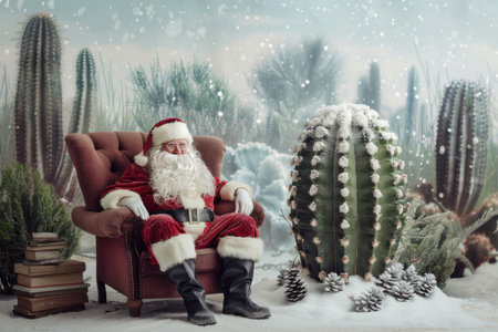 Santa Clause in large soft armchair, cactus is decorated as a Christmas tree, against the background with tropical exotic snowy landscape, unusual Christmas story with Santa, AI generatedの素材