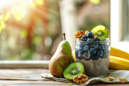 jar with chia pudding with yogurt, fresh berries and kiwi, banana, mango fruits for a healthy breakfast, elevated luxurious morning everyday routine, closeup photo, top view. AI generatedの素材