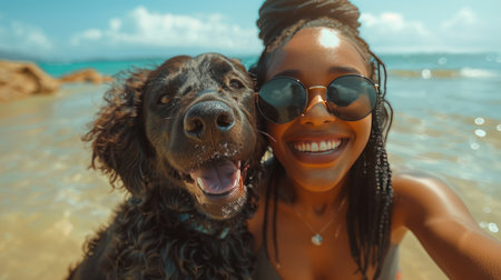 authentic portrait of young black women resting on beach with dog, bold positive emotions, owner with cute pet outdoors, intense expression, grained photo 90s style, AI generatedの素材
