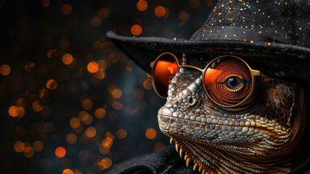 Banner with funny chameleon wearing sunglasses and witchs hat with carved Halloween pumpkin, autumn party promo background with copy space, AI generatedの素材