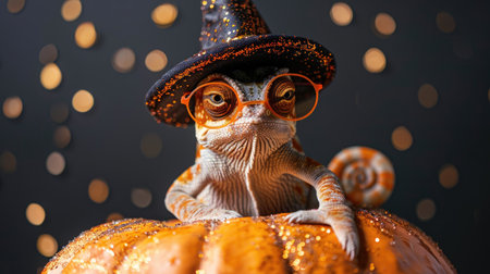 Banner with funny chameleon wearing sunglasses and witch's hat with carved Halloween pumpkin, autumn party promo background with copy space, AI generatedの素材