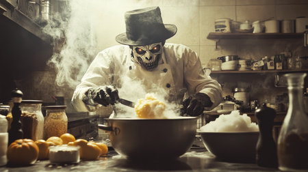 Halloween party decorations, scary monster zombie chef cooking pumpkin food in dirty glowy kitchen, horror movie poster style, AI generatedの素材