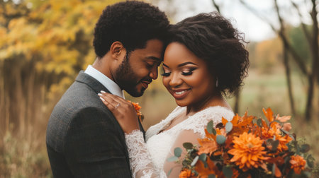 Autumn wedding day of beautiful young adult black couple, bride and groom in elegant festive clothes against fall yellow and crimson landscape outdoors, AI generatedの素材
