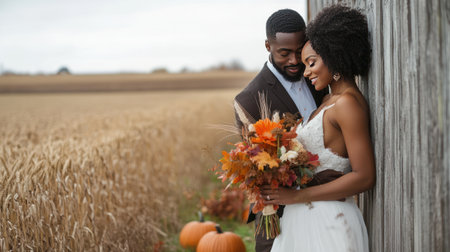 Autumn wedding day of beautiful young adult black couple, bride and groom in elegant festive clothes against fall yellow and crimson landscape outdoors, AI generatedの素材
