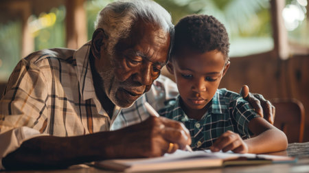 Senior black man and kid watching notebook and writing, grandfather helping grandson with homework. Grandpa is teaching grandson, home education, deep family connections, AI generativeの素材