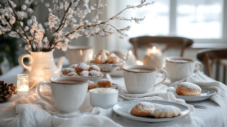 Festive set table with winter holiday breakfast, food aesthetic, hygge cozy kitchen with desserts sweets on the table, AI generatedの素材
