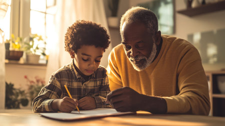 Senior black man and kid watching notebook and writing, grandfather helping grandson with homework. Grandpa is teaching grandson, home education, deep family connections, AI generativeの素材