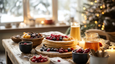 Festive set table with winter holiday breakfast, food aesthetic, hygge cozy kitchen with desserts sweets on the table, AI generatedの素材