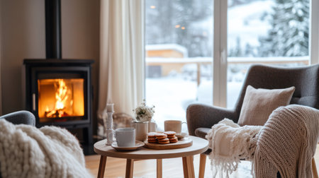 Minimalistic hygge living room interior in white color, room in cottage or guest house in winter snowy forest, fireplace and set tea table in warm modern room, winter holidays slowcation, AI imageの素材