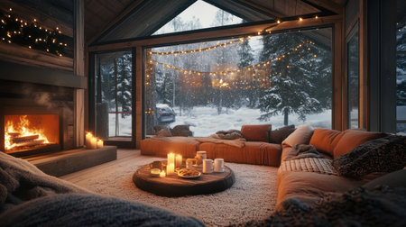 Evening in large warm living room with fireplace and lots of candles, food and boar game on the tea table, interior of cozy cabin in winter snowy forest, slowcation concept, AI generatedの素材