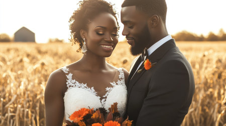 Autumn wedding day of beautiful young adult black couple, bride and groom in elegant festive clothes against fall yellow and crimson landscape outdoors, AI generatedの素材