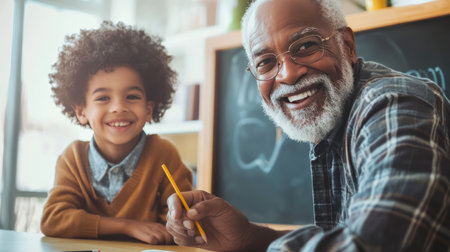 Smiling senior black man and kid emotional portrait, grandfather helping grandson with homework. Grandpa is teaching grandson, home education, deep family connections concept, AI generativeの素材