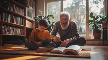 Senior black man and kid watching notebook and writing, grandfather helping grandson with homework. Grandpa is teaching grandson, home education, deep family connections, AI generativeの素材