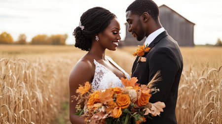Autumn wedding day of beautiful young adult black couple, bride and groom in elegant festive clothes against fall yellow and crimson landscape outdoors, AI generatedの素材