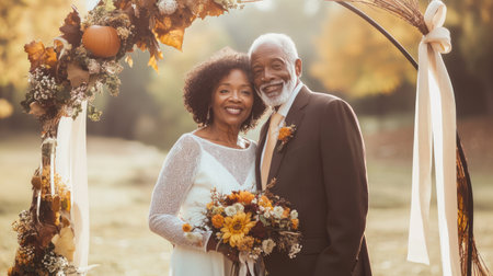Autumn or fall wedding day photo of an elderly black couple. A portrait of senior bride and groom in festive clothing with flowers. People in love are outdoors in autumn landscape, AI generatedの素材