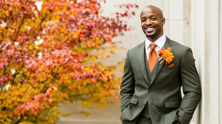 Happy smiling young adult man in wedding luxurious outfit, black or African-American groom is posing outdoors in fall autumn park or garden, AI generatedの素材