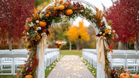 Autumn Wedding day decoration with floral arch, pumpkins and flowers. Fall leaves garlands. Ceremony outdoor in the park or villa backyard. White chairs for guests in the row. AI generatedの素材
