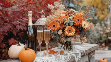 Autumn or fall romantic wedding still life outdoors in park or garden, decorative pumpkins, bride's bouquet, invitations and champagne glasses, holiday mood, AI generatedの素材