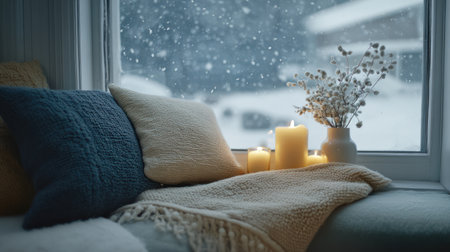 Cozy resting nook - windowsill with soft blanket, cushions and candles, hygge interior in white and blue colors, window with winter snowy view, AI generatedの素材
