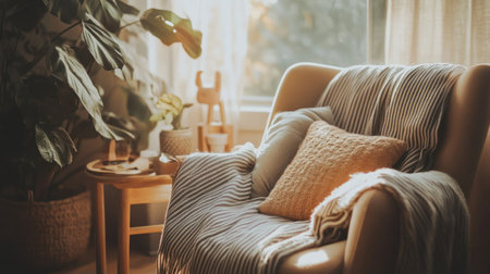 Cozy reading nook with armchair, pillows, plaid or blanket, interior scene in minimalistic hygge style, AI generatedの素材