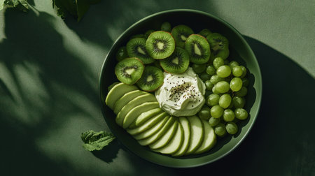 Breakfast fruit bowl in green monochromatic palette, apples avocado grapes and kiwi fruit mix in ceramic bowl in minimalistic style on solid background, modern food photography, AIの素材