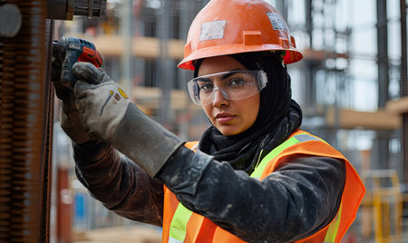 Arab woman in a hijab works as a builder, female skilled worker. A symbol of opportunities, equality, women's career and breaking stereotypes concept. AI generated photoの素材