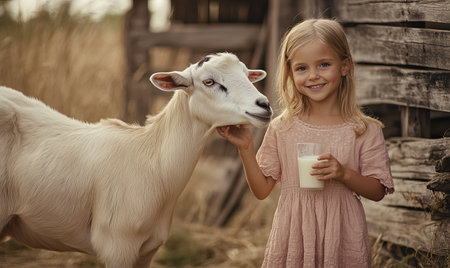 A toddler girl in a linen dress holding a glass of goat milk, standing next to a cute goat, in front of a cozy farmyard, a homey scene, AI generated photoの素材