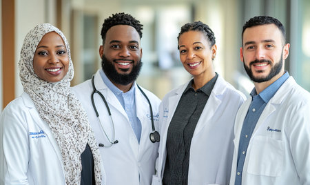 An international team of doctors, including women in hijabs, teamwork, a concept of equality, diversity, and opportunities, generated by AI photoの素材