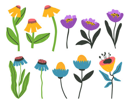 Set of bold positive flowers clip arts hand drawn in naive style, optimistic bright floral illustration, vector isolated items on white backgroundのイラスト素材