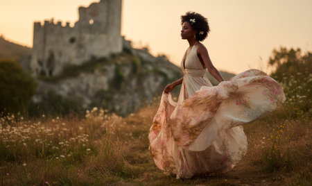 A portrait of a dark-skinned young woman against a sunrise landscape and a medieval stone castle, the girl in a romantic dress and floral crown, in castlecore style, photoの素材