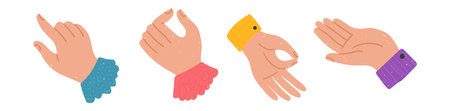 A set of bold, brightly hand-drawn human hands isolated clip arts, various hand gestures in a primitive naive style, vector illustration packのイラスト素材