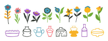 Set of bold positive flowers and vases clip arts hand drawn in naive style, optimistic bright floral illustration, vector isolated items on white backgroundのイラスト素材