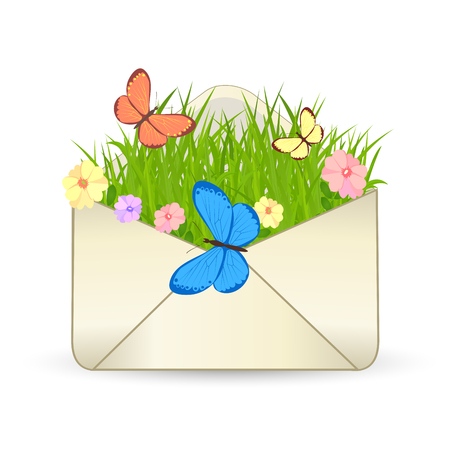 Vector icon - envelope with grass, flowers and butterflies.のイラスト素材