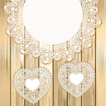 Lace napkin and lacy hearts on wooden background - greeting background for Valentines Day or wedding. Vector illustration.のイラスト素材