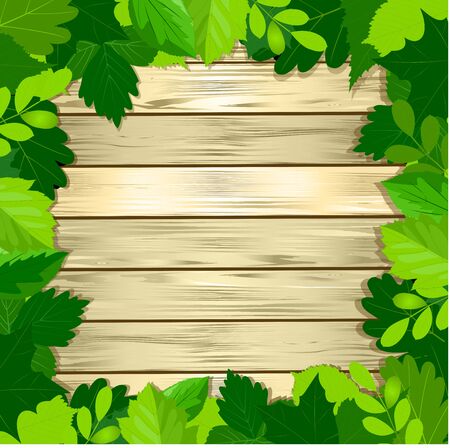 green leaves frame on wooden background. Vector illustration.のイラスト素材
