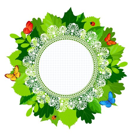 Summer round leaves frame with lace and butterflies and ladybug. Vector illustration.のイラスト素材