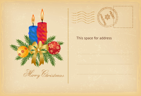 Retro Merry Christmas post card with candles and balls. Vector illustrationのイラスト素材