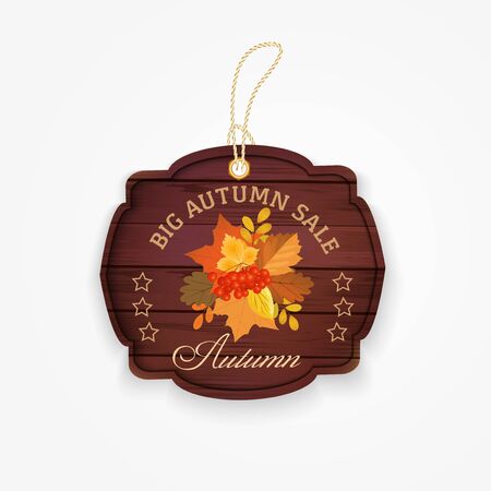Wooden autumn sale badge with autumn leaves bunch in vintage style.のイラスト素材