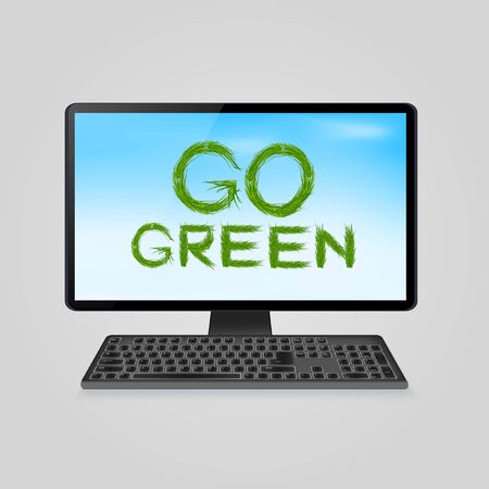 Go green grass inscription on computer monitor - concept of environment friendly computer.のイラスト素材