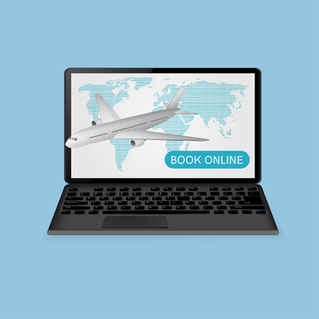 Passenger plane and laptop book online and buy online ticket conceptのイラスト素材