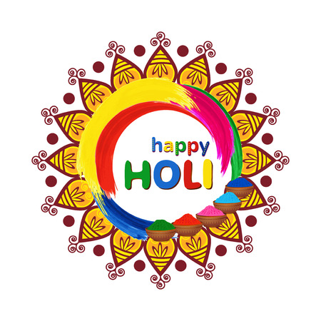 Happy Holi vector greeting card with mandala, traditional colorful gulal powder and color splashes Vector illustrationのイラスト素材