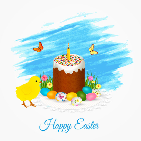 Easter greeting card with easter cake, chicken, and eggs vector illustration.のイラスト素材