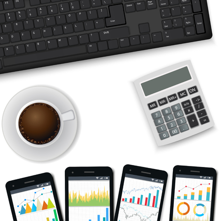 Desk with keyboard, mobile phones, calculator, cup of coffee. finance consultant, business analyst accounting workplace vector illustration, view from the top.のイラスト素材
